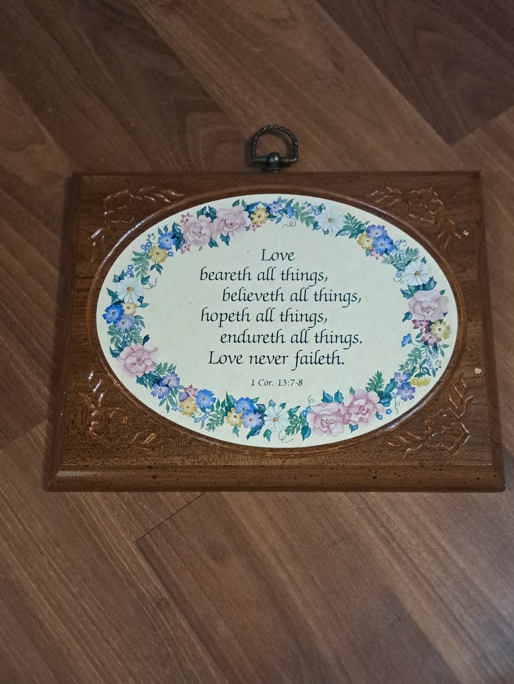Floral Scripture Wall Plaque About LOVE - Brown with Blue & Pink Accents
